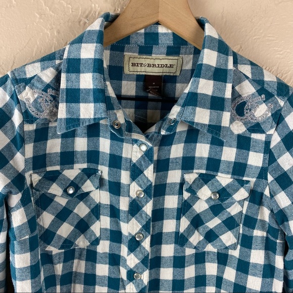Bit and Bridle Green White Plaid Check Flannel Western Shirt Embellished Medium - Picture 2 of 11